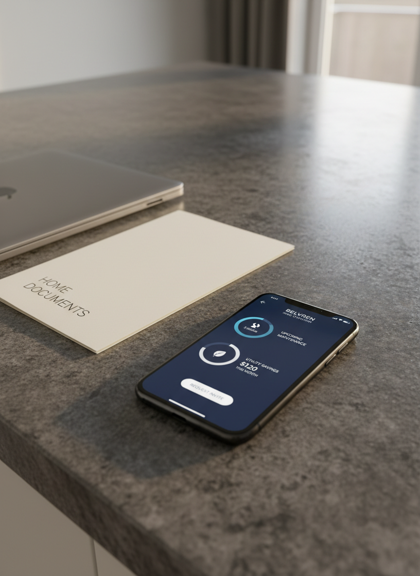 A modern smartphone lies on a smooth, dark stone kitchen island beside a closed laptop and a neatly stacked folder of home documents, all in a pristine, clutter-free space. On the phone’s screen, a realistic Belvren-style interface displays an overview of the home: upcoming maintenance, utility savings, and a discrete “Request invite” button integrated into the UI. Late afternoon natural light filters through an off-frame window, creating soft reflections on the phone’s glass and subtle highlights on the stone texture. Shot from a slightly elevated angle with shallow depth of field, the scene feels sophisticated and composed, conveying quiet control, financial clarity, and trustworthy, AI-driven home management.