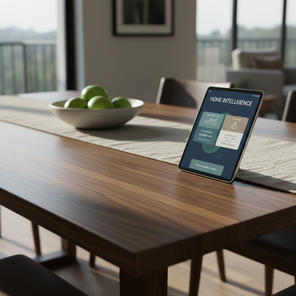 A polished dining table in a modern home, set simply with a ceramic bowl of green apples and a linen runner, with the main focus on a slim, vertical tabletop touchscreen device at the table’s edge. The screen shows a Belvren-style insight panel: projected ownership costs, upcoming repairs, and suggested savings scenarios, with a tasteful waitlist invitation tucked into the layout. Soft morning sunlight from an adjacent window grazes the wood grain, highlighting its natural texture and casting faint, elongated shadows. Shot at a low, three-quarter angle with shallow depth of field, the device is in crisp focus while the table setting subtly blurs, creating a calm, sophisticated scene that frames homeownership as intentional, data-informed, and gracefully managed by AI.