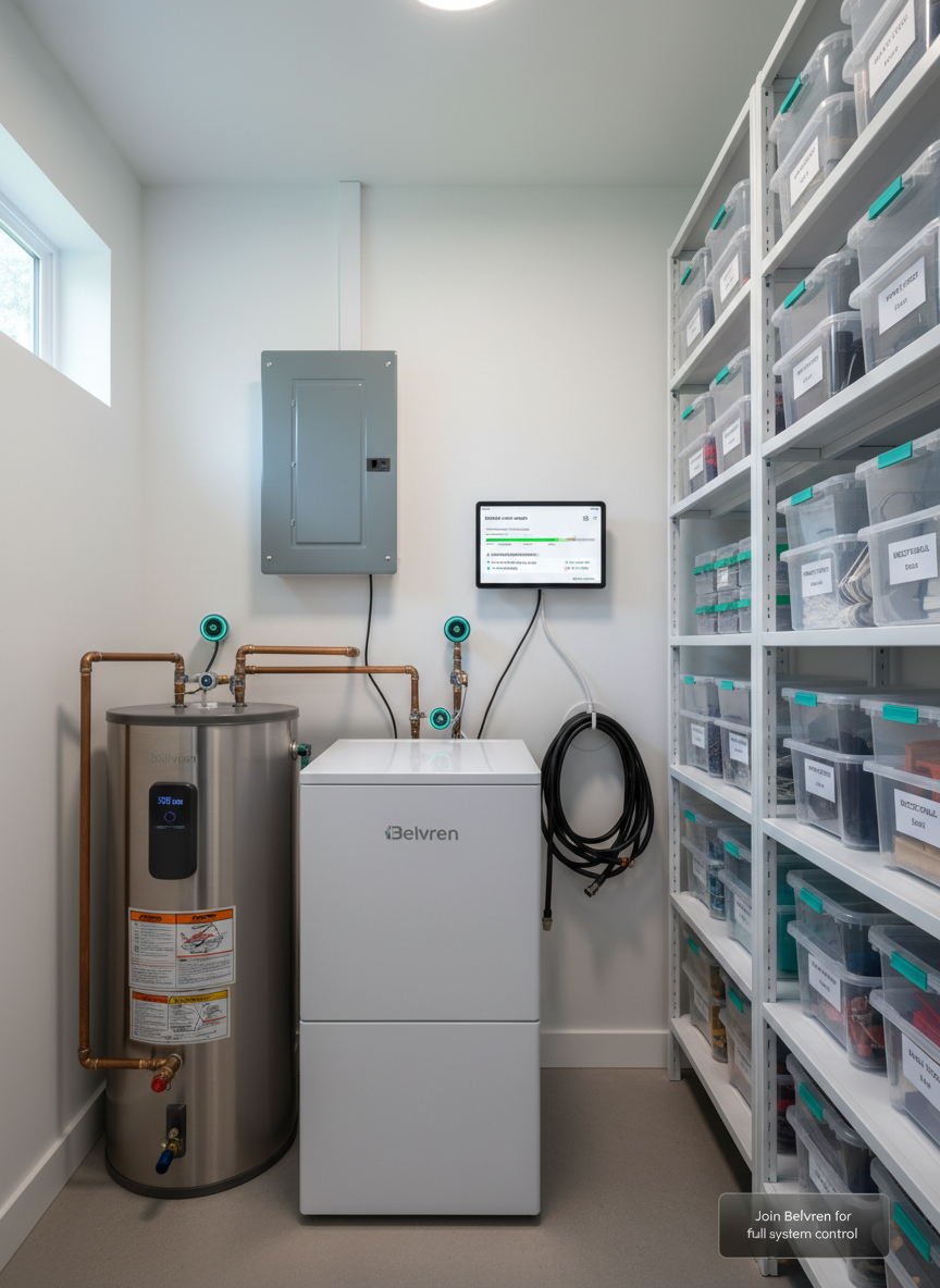 A meticulously organized utility room featuring a high-efficiency furnace, water heater, breaker panel, and labeled storage shelves, all in pristine condition. Discreet smart monitors are attached to pipes and panels, with tiny indicator lights glowing softly. Mounted on the wall, a tablet displays a stylized Belvren maintenance timeline and AI recommendations, including a subtle, integrated “Join Belvren” module. Cool, diffused overhead lighting blends with faint natural daylight from a small high window, revealing textures of brushed metal, painted drywall, and neatly coiled hoses. Photographed straight-on with sharp focus across the frame, the image feels highly competent and reassuring, conveying that every hidden, complex system in the home is being effortlessly orchestrated and predicted by an intelligent operating system.