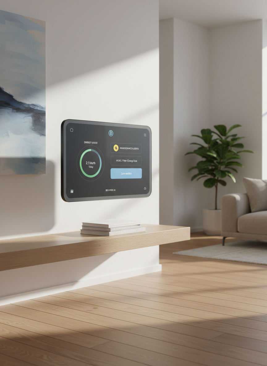 A sleek, wall-mounted smart home hub screen floats above a minimalist console table in a bright, meticulously organized living room. The glass surface shows a sophisticated home dashboard UI with energy usage, maintenance alerts, and a subtle “Join waitlist” card, all rendered in clean, modern lines. Soft, indirect daylight from an unseen window washes across matte white walls and warm oak flooring, creating gentle, natural shadows. The composition is eye-level with a slight three-quarter angle, focusing sharply on the hub while the background softly blurs. Photographic realism, calm and trustworthy mood, emphasizing Belvren as an elegant AI operating system silently orchestrating every aspect of homeownership.