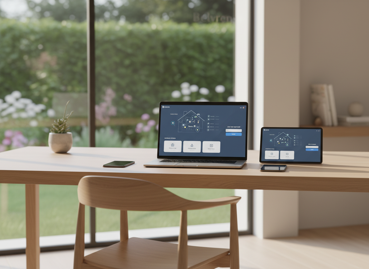 A serene, sunlit home office overlooking an abstract, blurred exterior garden through large, frameless glass. On a pale oak desk rests an open laptop, a slim tablet, and a smartphone, all displaying a cohesive Belvren home management interface synchronized across devices: a central home status map, automation scenes, and a waitlist signup panel integrated into the dashboard layout. Soft afternoon light streams in, creating long, clean shadows and subtle reflections on the device screens. The composition uses rule-of-thirds with a shallow depth of field, focusing on the primary laptop display while the rest of the room fades to a gentle blur. Photographic realism with a sophisticated, calm atmosphere, emphasizing Belvren as a unified AI command center for every aspect of homeownership.