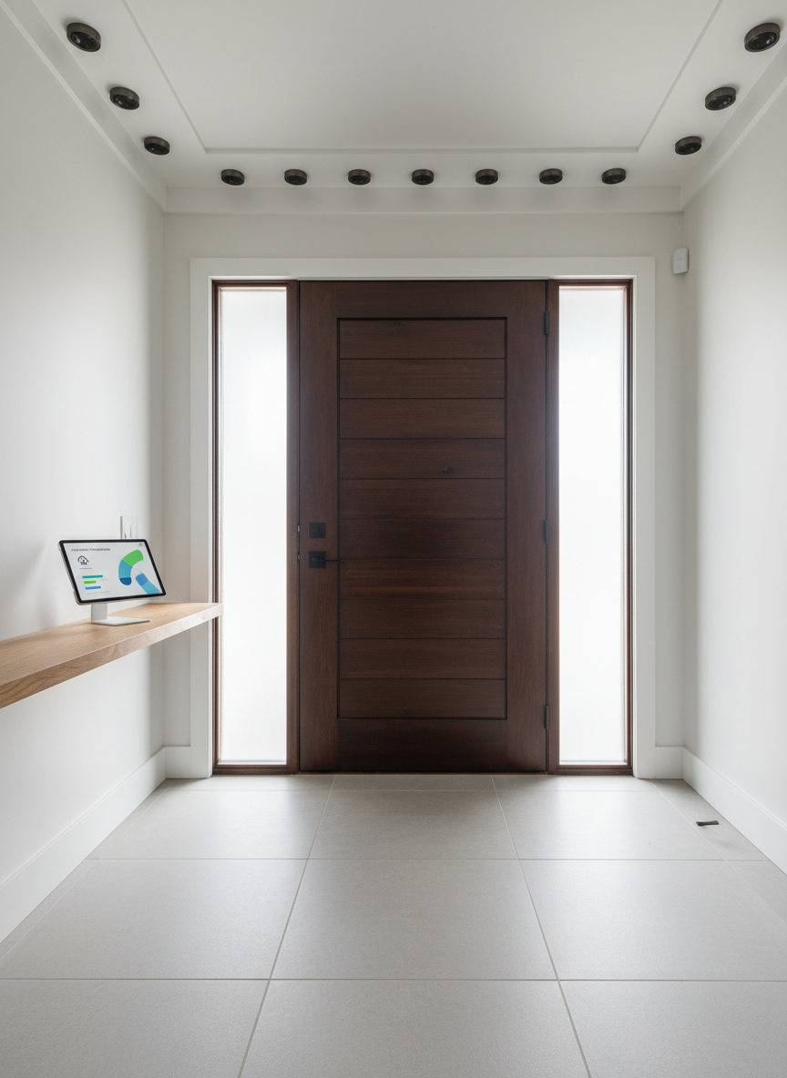 A bright, well-maintained foyer with a solid wood front door, matte black hardware, and a row of organized smart sensors subtly embedded along the trim and ceiling. On a slim console shelf sits a tablet in a minimalist stand, showing a Belvren-like home health report: structural status, security overview, and a prominent, tastefully designed waitlist form, all without readable text. Morning light cascades through frosted side panels, creating a soft, diffused glow and gentle shadows along the floor tiles. Captured at eye level with a wide lens, the depth of field keeps every detail crisp, emphasizing an atmosphere of stability, protection, and intelligent oversight, as if the entire entryway is quietly monitored by an invisible AI caretaker.