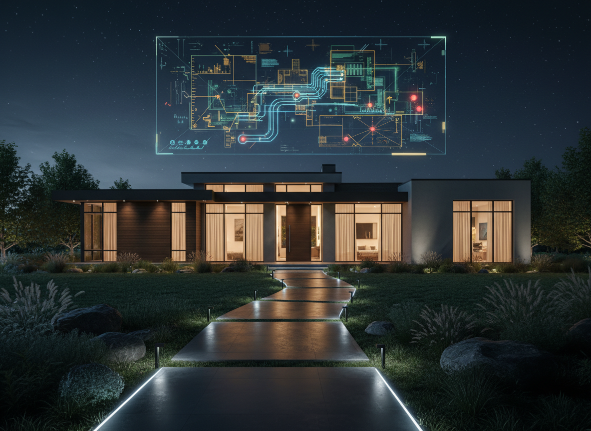 A nighttime scene of a contemporary single-family home exterior, seen from a respectful distance, with warm interior lights glowing behind sheer curtains and subtle smart lighting along the pathway. Overlaid in the air above the roofline, as if holographically, a translucent, three-dimensional schematic of the home appears: energy flow, security zones, and maintenance hotspots highlighted in refined lines, all suggesting Belvren’s AI awareness without readable text. Cool moonlight and soft landscape lighting create a balanced contrast, casting gentle shadows across the landscaped yard. Captured from a slightly low, cinematic angle in photographic realism, the mood is secure, sophisticated, and quietly futuristic, conveying the sense of an invisible operating system continuously safeguarding and optimizing the entire property.